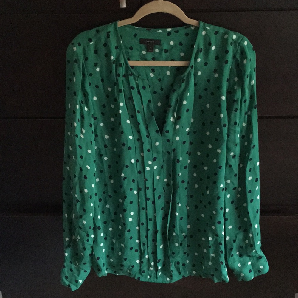 J. Crew Green Polka Dot V-Neck Long Sleeve Blouse